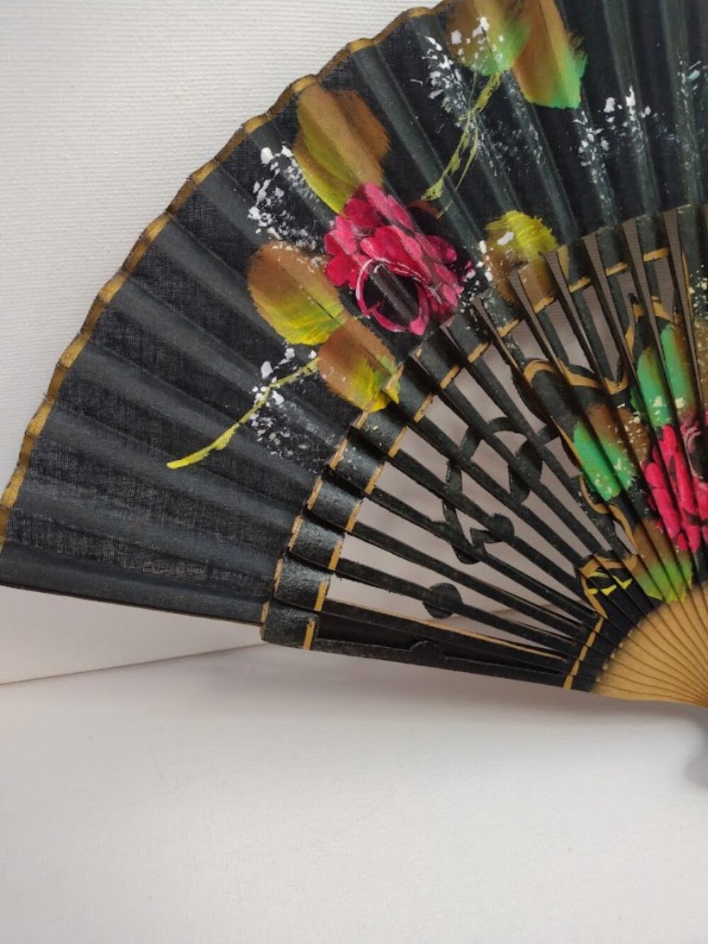 Antique Folding Fan Hand Painted Fabric Carved Wood Ribs Black with Floral - Picture 3 of 16